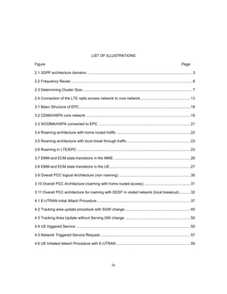ix
LIST OF ILLUSTRATIONS
Figure Page
2.1 3GPP architecture domains .......................................................................................................3
2.2 Frequency Reuse.......................................................................................................................6
2.3 Determining Cluster Size............................................................................................................7
2.4 Connection of the LTE radio access network to core network.................................................13
3.1 Basic Structure of EPC.............................................................................................................16
3.2 CDMA/HSPA core network ......................................................................................................19
3.3 WCDMA/HSPA connected to EPC ..........................................................................................21
3.4 Roaming architecture with home routed traffic ........................................................................22
3.5 Roaming architecture with local break through traffic..............................................................23
3.6 Roaming in LTE/EPC ...............................................................................................................23
3.7 EMM and ECM state transitions in the MME ...........................................................................26
3.8 EMM and ECM state transitions in the UE...............................................................................27
3.9 Overall PCC logical Architecture (non roaming) ......................................................................30
3.10 Overall PCC Architecture (roaming with home routed access) .............................................31
3.11 Overall PCC architecture for roaming with OCEF in visited network (local breakout)...........32
4.1 E-UTRAN initial Attach Procedure ...........................................................................................37
4.2 Tracking area update procedure with SGW change................................................................45
4.3 Tracking Area Update without Serving GW change ................................................................50
4.4 UE triggered Service ................................................................................................................55
4.5 Network Triggered Service Request ........................................................................................57
4.6 UE Initiated detach Procedure with E-UTRAN.........................................................................59
 