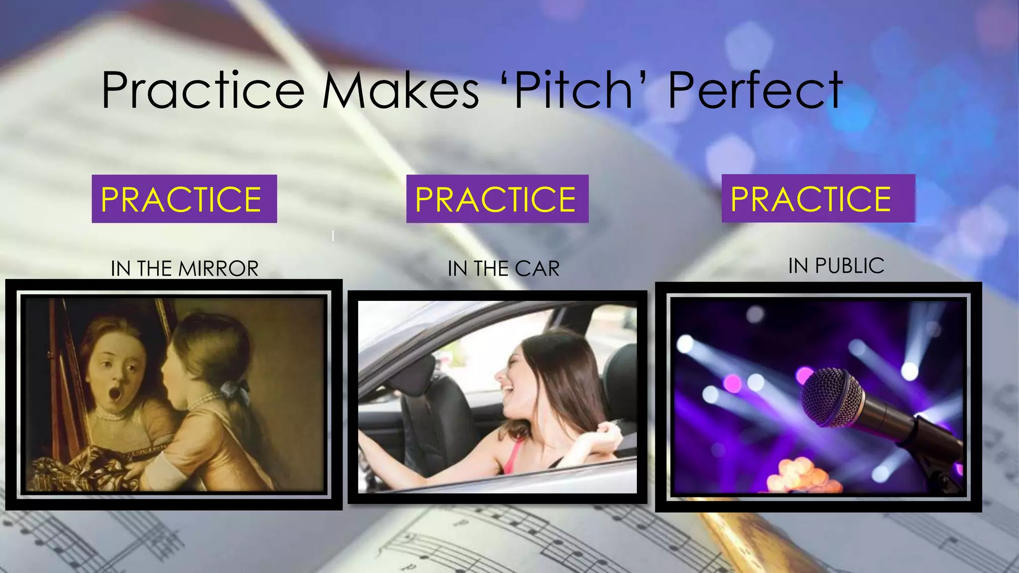 Practice Makes ‘Pitch’ Perfect
PRACTICE
IN THE MIRROR
PRACTICE
I
IN THE CAR
PRACTICE
IN PUBLIC
 