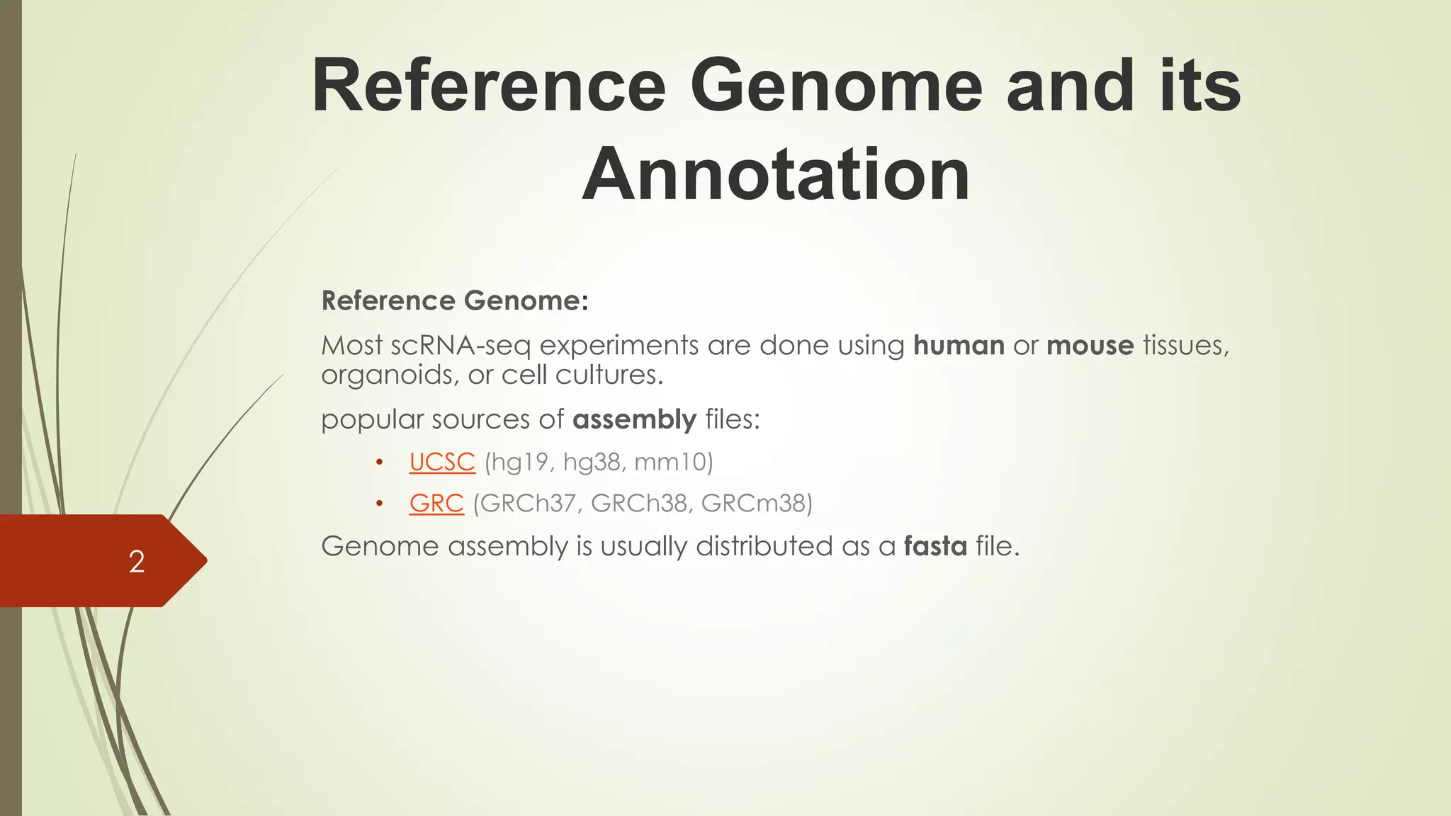 Reference Genome and its
Annotation
Reference Genome:
Most scRNA-seq experiments are done using human or mouse tissues,
organoids, or cell cultures.
popular sources of assembly files:
• UCSC (hg19, hg38, mm10)
• GRC (GRCh37, GRCh38, GRCm38)
Genome assembly is usually distributed as a fasta file.
2
 