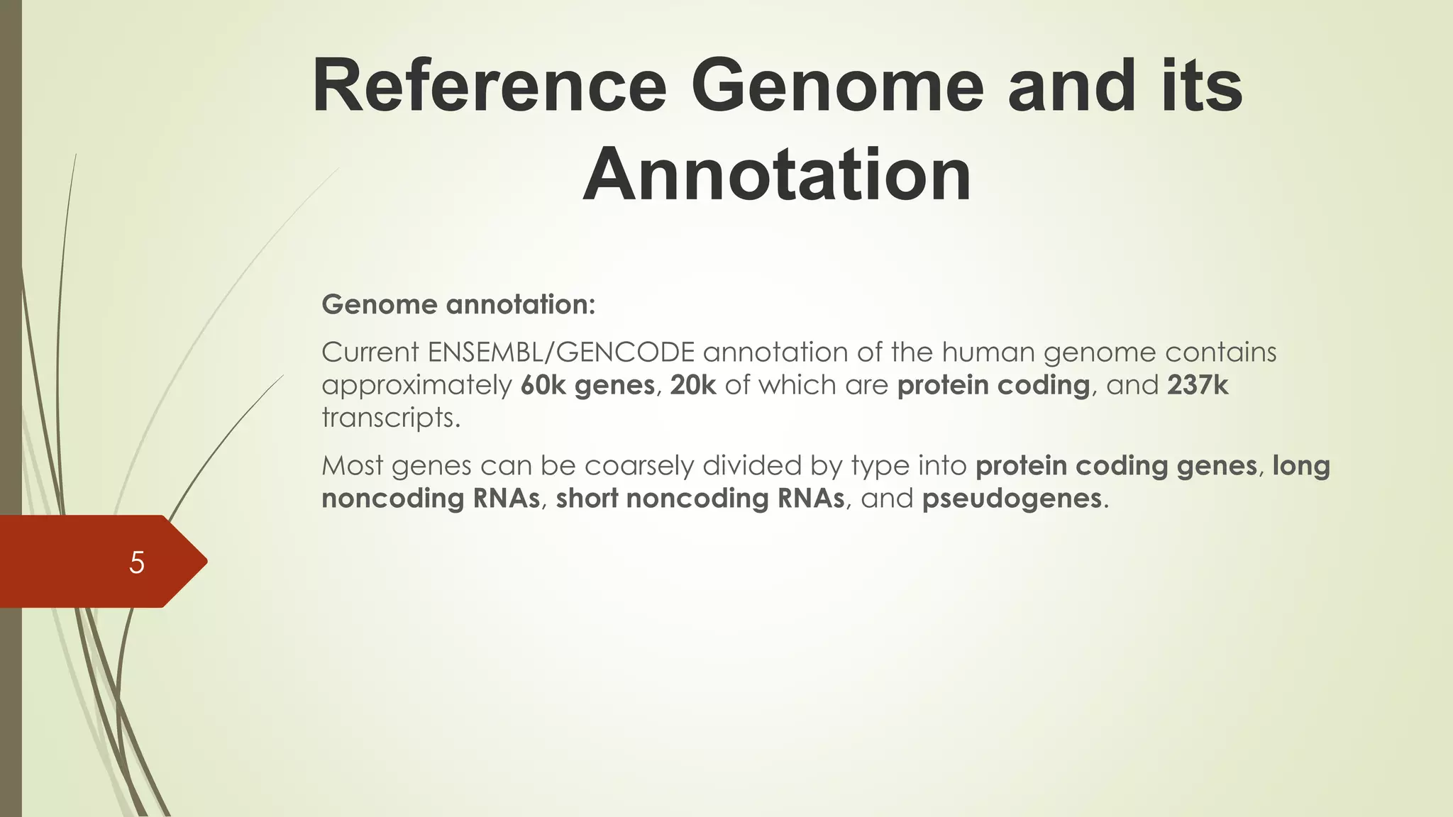 Reference Genome and its
Annotation
Genome annotation:
Current ENSEMBL/GENCODE annotation of the human genome contains
approximately 60k genes, 20k of which are protein coding, and 237k
transcripts.
Most genes can be coarsely divided by type into protein coding genes, long
noncoding RNAs, short noncoding RNAs, and pseudogenes.
5
 