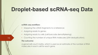 scRNA-seq workflow:
• Mapping the cDNA fragments to a reference;
• Assigning reads to genes;
• Assigning reads to cells (cell barcode demultiplexing);
• Counting the number of unique RNA molecules (UMI deduplication).
The outcome:
a gene/cell count matrix, which is used as an estimate of the number of RNA
molecules in each cell for each gene.
16
Droplet-based scRNA-seq Data
 