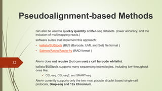 can also be used to quickly quantify scRNA-seq datasets. (lower accuracy, and the
inclusion of multimapping reads.)
software suites that implement this approach:
• kallisto/BUStools (BUS (Barcode, UMI, and Set) file format )
• Salmon/Alevin/Alevin-fry (RAD format )
Alevin does not require (but can use) a cell barcode whitelist.
kallisto/BUStools supports many sequencing technologies, including low-throughput
ones like:
✓ CEL-seq, CEL-seq2, and SMART-seq.
Alevin currently supports only the two most popular droplet based single-cell
protocols, Drop-seq and 10x Chromium.
32
Pseudoalignment-based Methods
 
