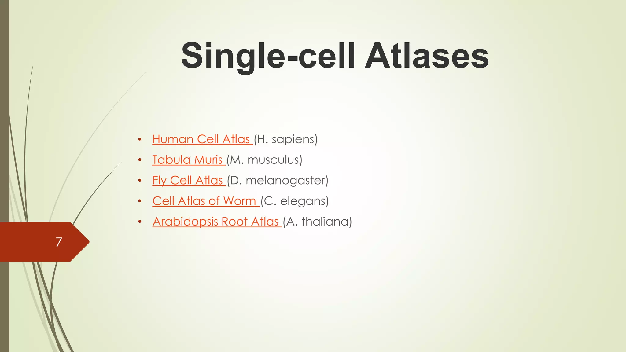 • Human Cell Atlas (H. sapiens)
• Tabula Muris (M. musculus)
• Fly Cell Atlas (D. melanogaster)
• Cell Atlas of Worm (C. elegans)
• Arabidopsis Root Atlas (A. thaliana)
Single-cell Atlases
7
 