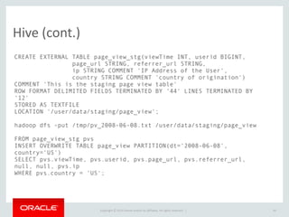 Copyright	
  ©	
  2014	
  Oracle	
  and/or	
  its	
  affiliates.	
  All	
  rights	
  reserved.	
  	
  |
Hive	
  (cont.)
44
CREATE EXTERNAL TABLE page_view_stg(viewTime INT, userid BIGINT,
page_url STRING, referrer_url STRING,
ip STRING COMMENT 'IP Address of the User',
country STRING COMMENT 'country of origination')
COMMENT 'This is the staging page view table'
ROW FORMAT DELIMITED FIELDS TERMINATED BY '44' LINES TERMINATED BY
'12'
STORED AS TEXTFILE
LOCATION '/user/data/staging/page_view';
hadoop dfs -put /tmp/pv_2008-06-08.txt /user/data/staging/page_view
FROM page_view_stg pvs
INSERT OVERWRITE TABLE page_view PARTITION(dt='2008-06-08',
country='US')
SELECT pvs.viewTime, pvs.userid, pvs.page_url, pvs.referrer_url,
null, null, pvs.ip
WHERE pvs.country = 'US';
 