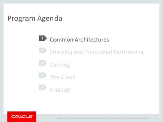Copyright	
  ©	
  2014	
  Oracle	
  and/or	
  its	
  affiliates.	
  All	
  rights	
  reserved.	
  	
  | Oracle	
  Confidential	
  –	
  Internal/Restricted/Highly	
  Restricted
5
Program	
  Agenda
Common	
  Architectures	
  
Sharding	
  and	
  Functional	
  Partitioning	
  
Caching	
  
The	
  Cloud	
  
Hadoop
1
2
3
4
5
 