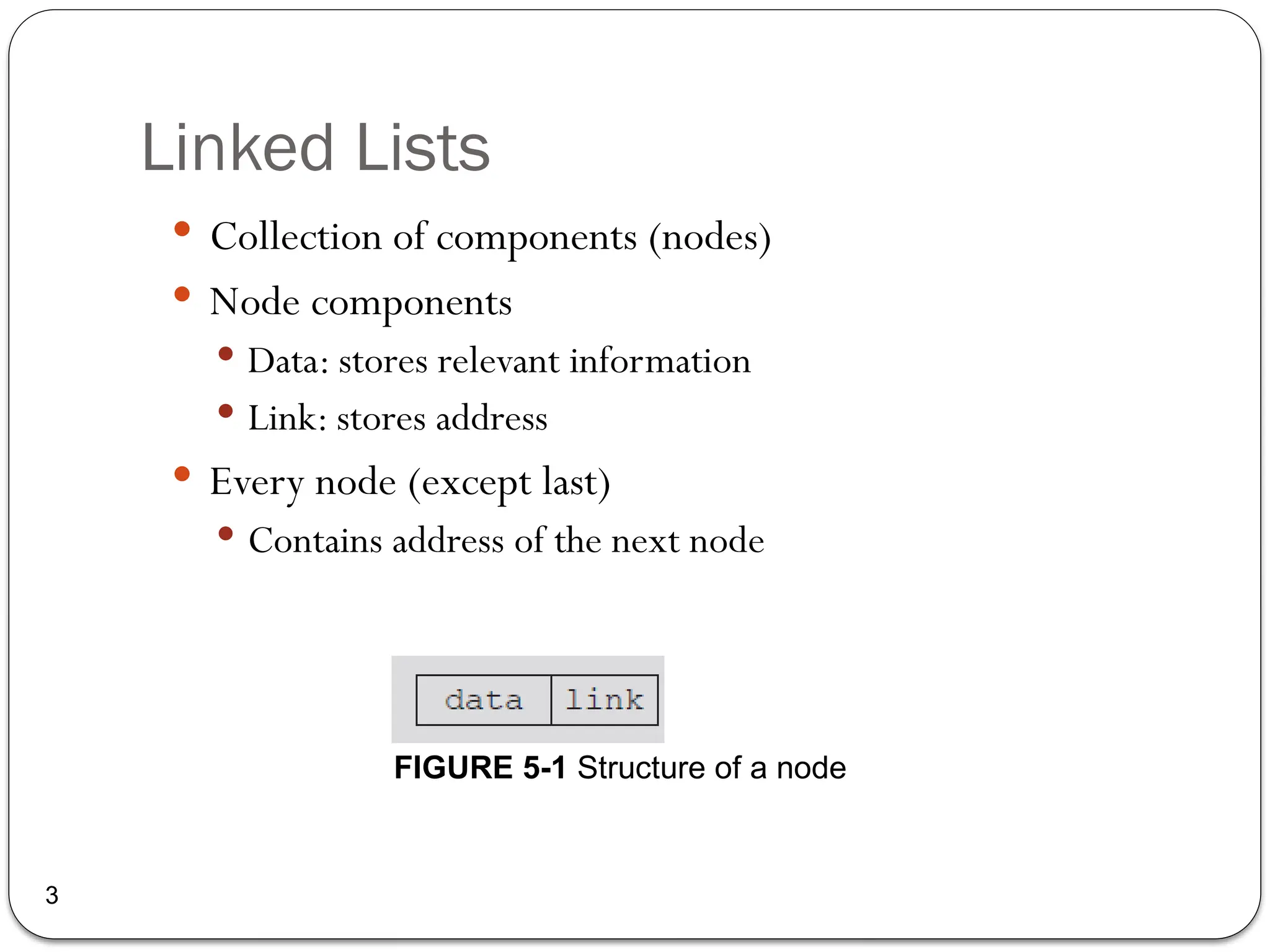 Linked Lists
 Collection of components (nodes)
 Node components
 Data: stores relevant information
 Link: stores address
 Every node (except last)
 Contains address of the next node
3
FIGURE 5-1 Structure of a node
 