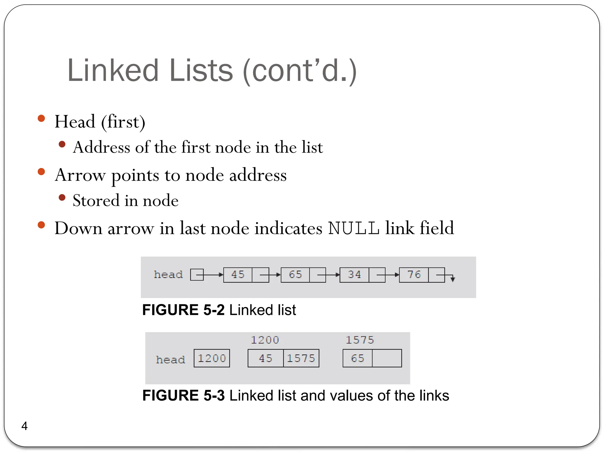 4
Linked Lists (cont’d.)
 Head (first)
 Address of the first node in the list
 Arrow points to node address
 Stored in node
 Down arrow in last node indicates NULL link field
FIGURE 5-2 Linked list
FIGURE 5-3 Linked list and values of the links
 