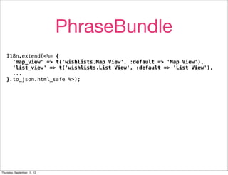 PhraseBundle
   I18n.extend(<%= {
     'map_view' => t('wishlists.Map View', :default => 'Map View'),
     'list_view' => t('wishlists.List View', :default => 'List View'),
     ...
   }.to_json.html_safe %>);




Thursday, September 13, 12
 