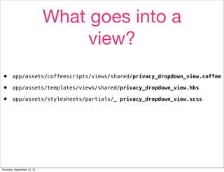 What goes into a
                                  view?
•       app/assets/coffeescripts/views/shared/privacy_dropdown_vi...