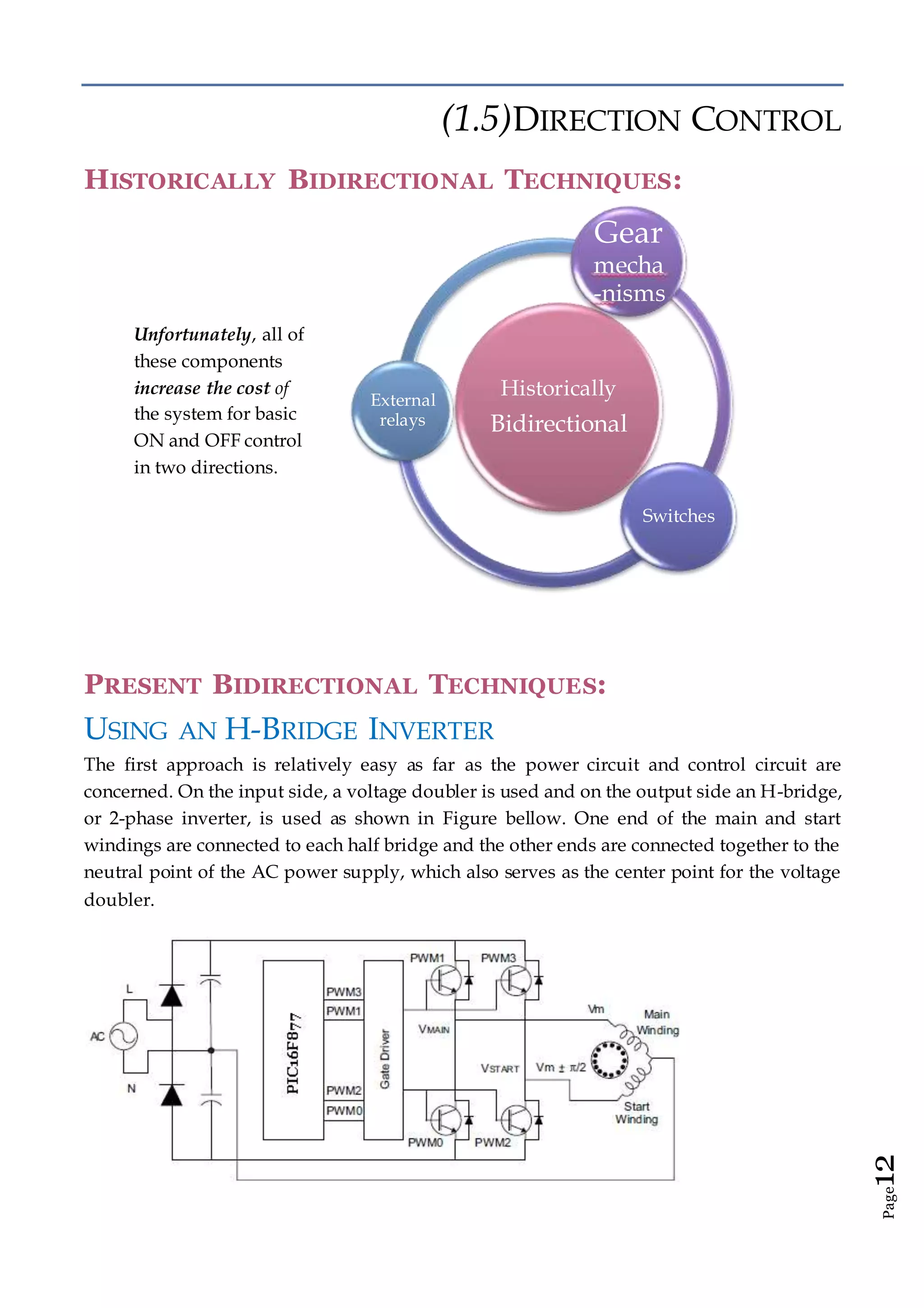 Page12
(1.5)DIRECTION CONTROL
HISTORICALLY BIDIRECTIONAL TECHNIQUES:
PRESENT BIDIRECTIONAL TECHNIQUES:
USING AN H-BRIDGE INVERTER
The first approach is relatively easy as far as the power circuit and control circuit are
concerned. On the input side, a voltage doubler is used and on the output side an H-bridge,
or 2-phase inverter, is used as shown in Figure bellow. One end of the main and start
windings are connected to each half bridge and the other ends are connected together to the
neutral point of the AC power supply, which also serves as the center point for the voltage
doubler.
Unfortunately, all of
these components
increase the cost of
the system for basic
ON and OFF control
in two directions.
Historically
Bidirectional
Gear
mecha
-nisms
Switches
External
relays
 