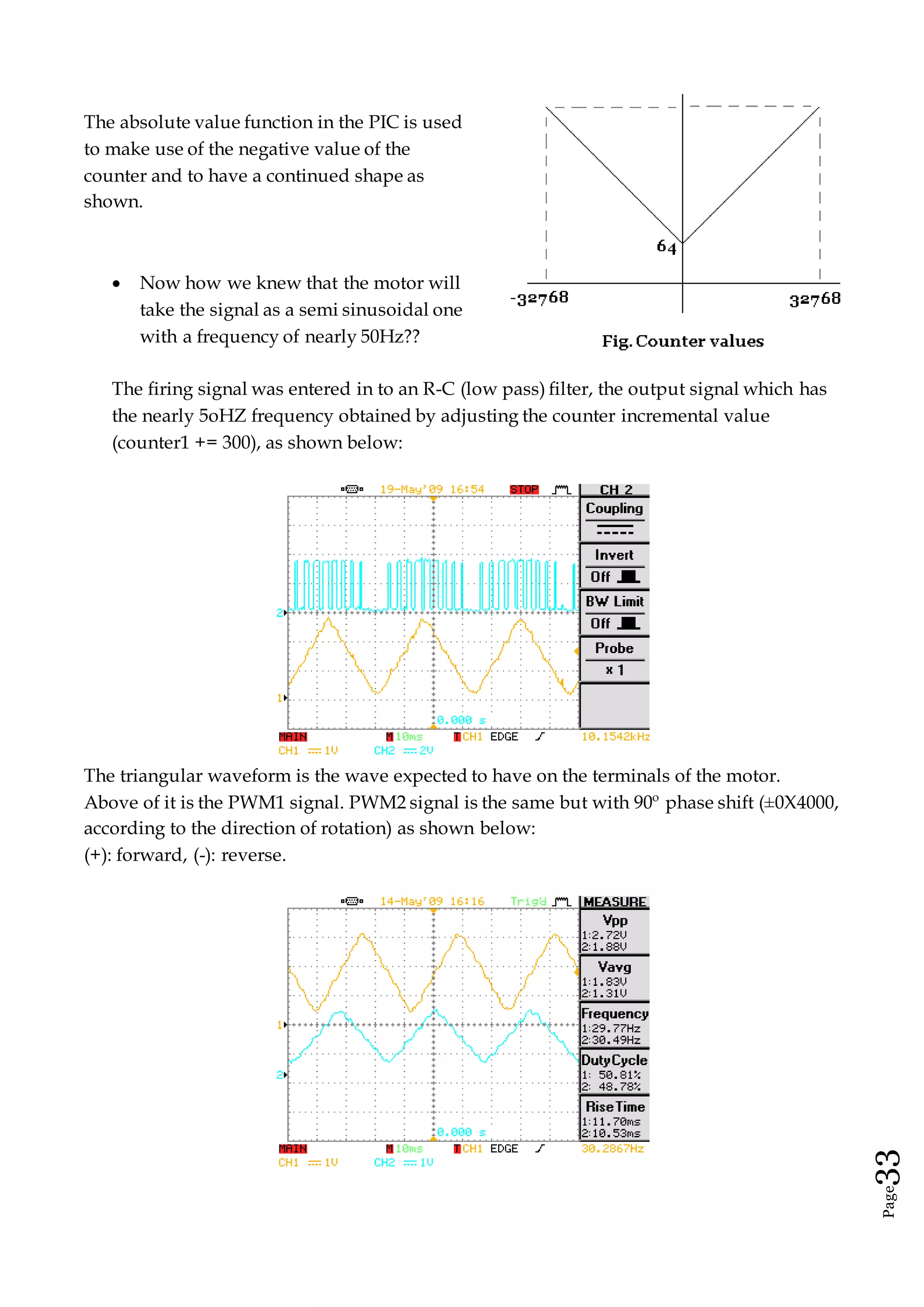 Page33
The absolute value function in the PIC is used
to make use of the negative value of the
counter and to have a continued shape as
shown.
 Now how we knew that the motor will
take the signal as a semi sinusoidal one
with a frequency of nearly 50Hz??
The firing signal was entered in to an R-C (low pass) filter, the output signal which has
the nearly 5oHZ frequency obtained by adjusting the counter incremental value
(counter1 += 300), as shown below:
The triangular waveform is the wave expected to have on the terminals of the motor.
Above of it is the PWM1 signal. PWM2 signal is the same but with 90º phase shift (±0X4000,
according to the direction of rotation) as shown below:
(+): forward, (-): reverse.
 