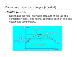 Pressure Level settings (cont’d)
 MAWP (cont’d)
 Defined as the max. allowable pressure at the top of a
completed vessel in its normal operating position and at a
designated temperature.
 