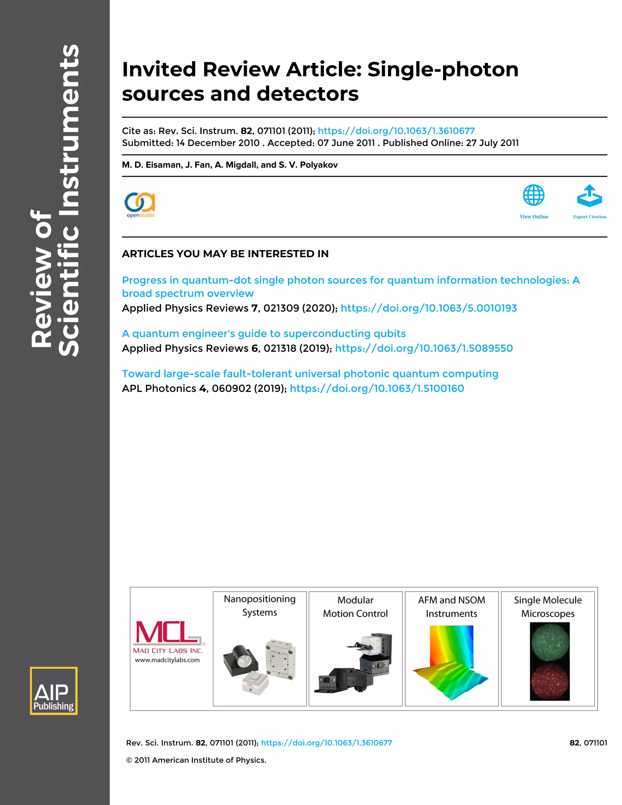 Single photon sources and detectors | PDF