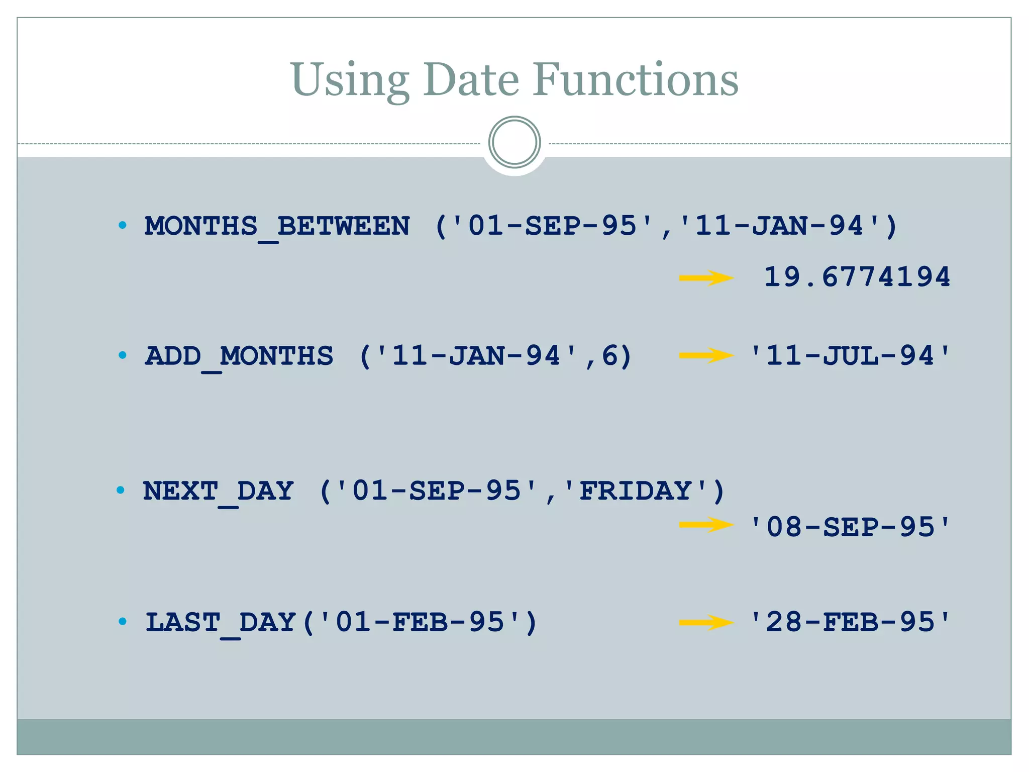 • MONTHS_BETWEEN ('01-SEP-95','11-JAN-94')
Using Date Functions
• ADD_MONTHS ('11-JAN-94',6)
• NEXT_DAY ('01-SEP-95','FRIDAY')
• LAST_DAY('01-FEB-95')
19.6774194
'11-JUL-94'
'08-SEP-95'
'28-FEB-95'
 