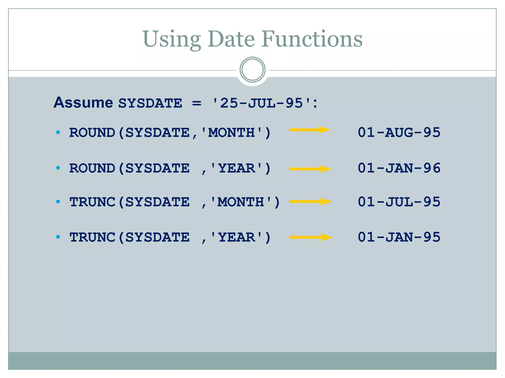 • ROUND(SYSDATE,'MONTH') 01-AUG-95
• ROUND(SYSDATE ,'YEAR') 01-JAN-96
• TRUNC(SYSDATE ,'MONTH') 01-JUL-95
• TRUNC(SYSDATE ,'YEAR') 01-JAN-95
Using Date Functions
Assume SYSDATE = '25-JUL-95':
 