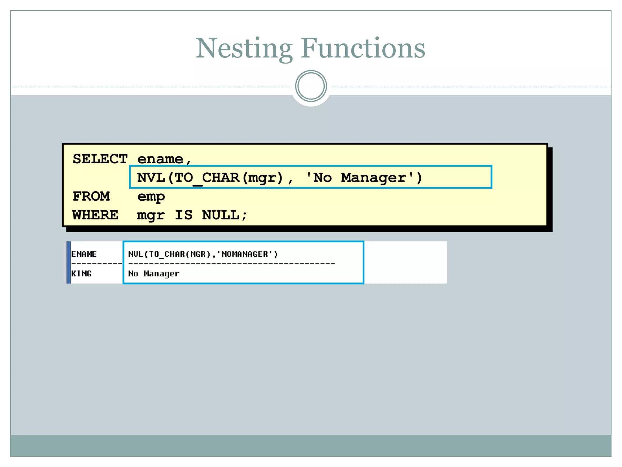 SELECT ename,
NVL(TO_CHAR(mgr), 'No Manager')
FROM emp
WHERE mgr IS NULL;
Nesting Functions
 