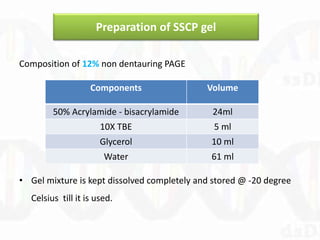 Preparation of SSCP gel
Composition of 12% non dentauring PAGE
• Gel mixture is kept dissolved completely and stored @ -20 degree
Celsius till it is used.
Components Volume
50% Acrylamide - bisacrylamide 24ml
10X TBE 5 ml
Glycerol 10 ml
Water 61 ml
 