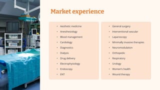Market experience
• Aesthetic medicine
• Anesthesiology
• Blood management
• Cardiology
• Diagnostics
• Dialysis
• Drug delivery
• Electrophysiology
• Endoscopy
• ENT
• General surgery
• Interventional vascular
• Laparoscopy
• Minimally invasive therapies
• Neuromodulation
• Orthopedic
• Respiratory
• Urology
• Women’s health
• Wound therapy
 