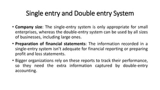 Single entry and Double entry System
• Company size: The single-entry system is only appropriate for small
enterprises, whereas the double-entry system can be used by all sizes
of businesses, including large ones.
• Preparation of financial statements: The information recorded in a
single-entry system isn’t adequate for financial reporting or preparing
profit and loss statements.
• Bigger organizations rely on these reports to track their performance,
so they need the extra information captured by double-entry
accounting.
 