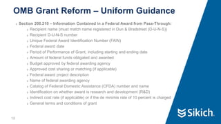 10
❯ Section 200.210 – Information Contained in a Federal Award from Pass-Through:
❯ Recipient name (must match name registered in Dun & Bradstreet (D-U-N-S))
❯ Recipient D-U-N-S number
❯ Unique Federal Award Identification Number (FAIN)
❯ Federal award date
❯ Period of Performance of Grant, including starting and ending date
❯ Amount of federal funds obligated and awarded
❯ Budget approved by federal awarding agency
❯ Approved cost sharing or matching (if applicable)
❯ Federal award project description
❯ Name of federal awarding agency
❯ Catalog of Federal Domestic Assistance (CFDA) number and name
❯ Identification on whether award is research and development (R&D)
❯ Indirect cost rate (if applicable) or if the de minimis rate of 10 percent is charged
❯ General terms and conditions of grant
OMB Grant Reform – Uniform Guidance
 