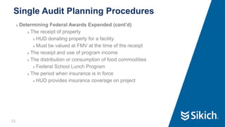 23
❯ Determining Federal Awards Expended (cont’d)
❯ The receipt of property
❯ HUD donating property for a facility
❯ Must be valued at FMV at the time of the receipt
❯ The receipt and use of program income
❯ The distribution or consumption of food commodities
❯ Federal School Lunch Program
❯ The period when insurance is in force
❯ HUD provides insurance coverage on project
Single Audit Planning Procedures
23
 