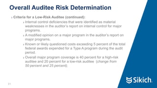 31
❯ Criteria for a Low-Risk Auditee (continued):
❯ Internal control deficiencies that were identified as material
weaknesses in the auditor’s report on internal control for major
programs.
❯ A modified opinion on a major program in the auditor’s report on
major programs.
❯ Known or likely questioned costs exceeding 5 percent of the total
federal awards expended for a Type A program during the audit
period.
❯ Overall major program coverage is 40 percent for a high-risk
auditee and 20 percent for a low-risk auditee (change from
50 percent and 25 percent).
Overall Auditee Risk Determination
 