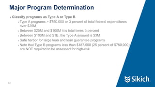 32
❯ Classify programs as Type A or Type B
❯ Type A programs > $750,000 or 3 percent of total federal expenditures
over $25M
❯ Between $25M and $100M it is total times 3 percent
❯ Between $100M and $1B, the Type A amount is $3M
❯ Safe harbor for large loan and loan guarantee programs
❯ Note that Type B programs less than $187,500 (25 percent of $750,000)
are NOT required to be assessed for high-risk
Major Program Determination
32
 