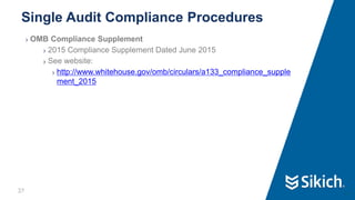 37
❯ OMB Compliance Supplement
❯ 2015 Compliance Supplement Dated June 2015
❯ See website:
❯ http://www.whitehouse.gov/omb/circulars/a133_compliance_supple
ment_2015
Single Audit Compliance Procedures
37
 