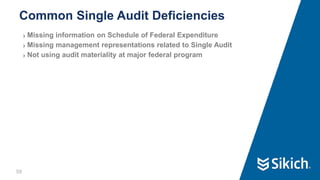 59
❯ Missing information on Schedule of Federal Expenditure
❯ Missing management representations related to Single Audit
❯ Not using audit materiality at major federal program
Common Single Audit Deficiencies
59
 