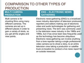 COMPARISON TO OTHER TYPES OF
PRODUCTION
MULTI CAMERA
PRODUCTION
ENG – ELECTRONIC NEWS
GATHERING
Multi camera is for
shooting films using many
different cameras. The
cameras are set up in
different places in order to
gain a variety of shots, so
you get all the angles and
view points.
Electronic news-gathering (ENG) is a broadcast
news industry description of television producers,
reporters and editors making use of electronic
video and audio technologies for gathering and
presenting news. The term was commonly used
in the television news industry in the 1980s and
1990s, but it has since been less frequently used
as the technology has become ubiquitous.
Electronic news-gathering can involve anything
from a lone reporter taking a single professional
video camera out to shoot a story, to an entire
television crew taking a production or satellite
truck on-location to conduct a live news report for
an outside newscast.
 