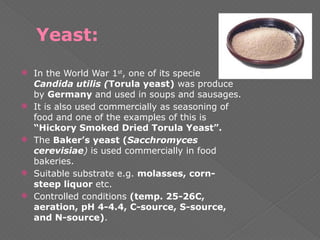 Yeast:
 In the World War 1st
, one of its specie
Candida utilis (Torula yeast) was produce
by Germany and used in soups and sausages.
 It is also used commercially as seasoning of
food and one of the examples of this is
“Hickory Smoked Dried Torula Yeast”.
 The Baker’s yeast (Sacchromyces
cerevisiae) is used commercially in food
bakeries.
 Suitable substrate e.g. molasses, corn-
steep liquor etc.
 Controlled conditions (temp. 25-26C,
aeration, pH 4-4.4, C-source, S-source,
and N-source).
 