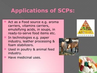 Applications of SCPs:
 Act as a Food source e.g. aroma
carriers, vitamins carriers,
emulsifying acids, in soups, in
ready-to-serve food items etc.
 In technologies e.g. paper
industry, leather processing &
foam stabilizers.
 Used in poultry & animal feed
industry.
 Have medicinal uses.
 