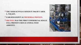 • THE TERM SCP WAS COINED IN 1966 BY CAROL
L. WILSON.
• EARLIER KNOWN AS MICROBIAL PROTEIN.
• PRUTEEN WAS THE FIRST COMMERCIAL SINGLE
CELL PROTEIN USED AS ANIMAL FEED
ADDITIVE.
 