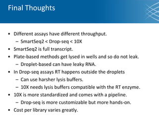 Final Thoughts
• Different assays have different throughput.
– SmartSeq2 < Drop-seq < 10X
• SmartSeq2 is full transcript.
• Plate-based methods get lysed in wells and so do not leak.
– Droplet-based can have leaky RNA.
• In Drop-seq assays RT happens outside the droplets
– Can use harsher lysis buffers.
– 10X needs lysis buffers compatible with the RT enzyme.
• 10X is more standardized and comes with a pipeline.
– Drop-seq is more customizable but more hands-on.
• Cost per library varies greatly.
 