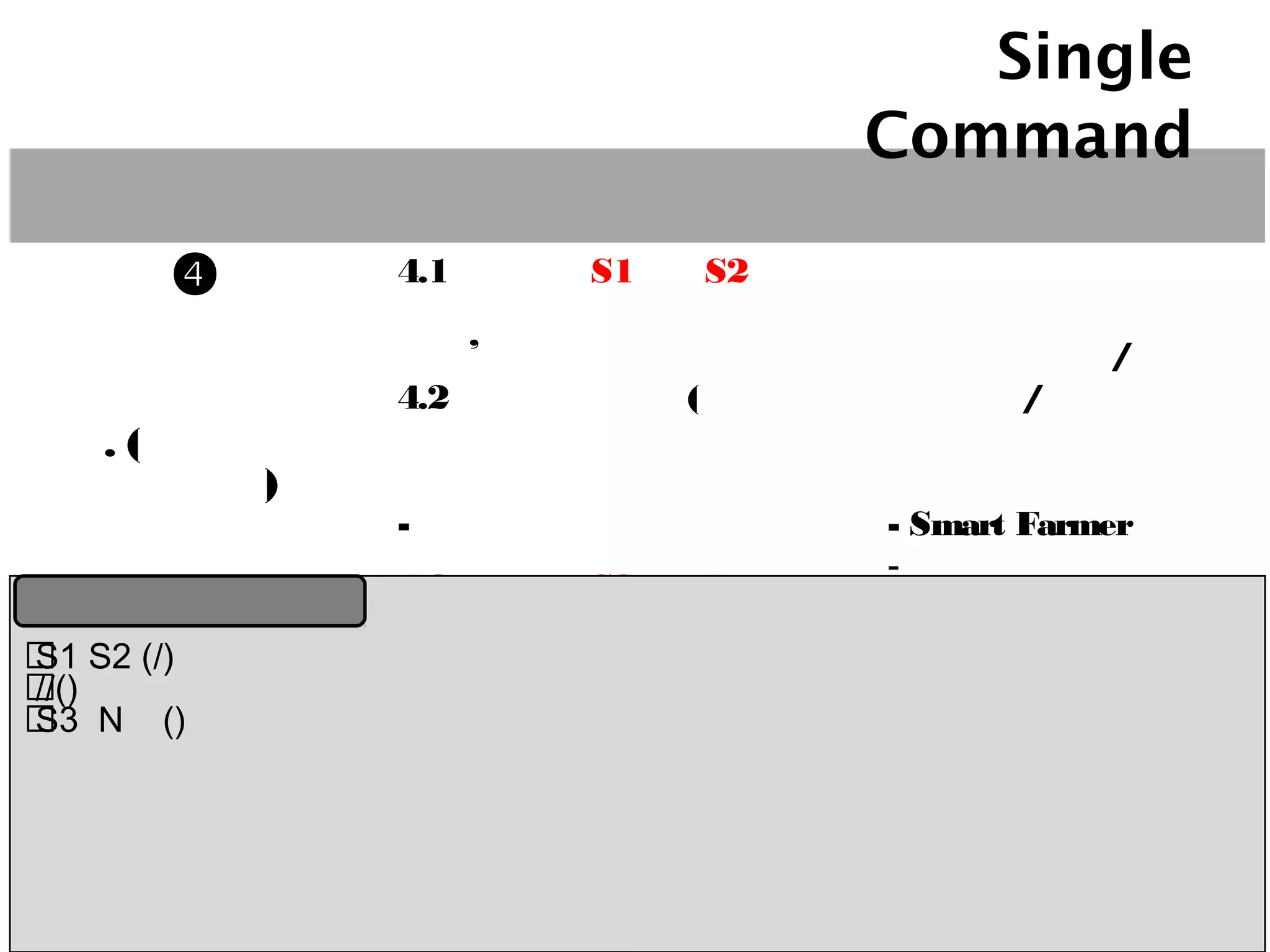 ขั้นตอน เป้ าหมาย หน่วยงานที่รับผิดชอบ

วิเคราะห์ศักยภาพพื้นที่
ในแปลงต้นแบบของ ศพก.
(ศูนย์เรียนรู้หลัก)
เพื่อวางแผนการผลิตสินค้า
4.1 พื้นที่ S1 และ S2 ใช้มาตรการลดต้นทุน
การผลิต,เพิ่มประสิทธิภาพการผลิต
4.2 วางแผนการผลิต(ตัดสินใจแบบมีส่วน
ร่วม ให้เกษตรกรเป็นศูนย์กลางของการร่วม
คิดร่วมพัฒนา
- เชิงเดี่ยว เกษตรผสมผสาน เกษตรอินทรีย์
4.3 พื้นที่ S3 และ N ปรับเปลี่ยนเป็นผลิต
สินค้าอื่นๆ โดยการสร้างความร่วมมือกับ
เกษตรกร
- หาแปลง/สร้างแปลง ต้นแบบให้เกษตรกร
ดูเป็นตัวอย่าง
หน่วยงานที่รับผิดชอบหลัก
เกษตรจังหวัด /ประมงจังหวัด /
ปศุสัตว์จังหวัด
หน่วยงานสนับสนุน
- Smart Farmer
- ผู้นาเกษตรกร/ผู้นาชุมชน
ขั้นตอนการทางานของ Single Command
ในพื้นที่ S1 S2 ของแต่ละอาเภอ การผลิตสินค้าเกษตรเพื่อเพิ่มศักยภาพและโอกาสในการแข่งขันให้ใช้มาตรการลดต้นทุน
การผลิต (หน่วยงานทางวิชาการต้องร่วมกันวิเคราะห์กับเกษตรกรเพื่อวางแผนหารูปแบบ/แนวทางการลดต้นทุนการผลิตที่
เหมาะสมกับชนิดสินค้า) การบริหารจัดการพื้นที่เพื่อประโยชน์สูงสุด และการเพิ่มประสิทธิภาพการผลิต
วางรูปแบบ/แผนการผลิต จะให้เป็นการผลิตแบบเชิงเดี่ยวหรือเกษตรผสมผสาน หน่วยงานวิชาการ /เกษตรอาเภอจะต้อง
ร่วมคิดร่วมพัฒนากับเกษตรกร เพื่อให้ได้รูปแบบการผลิตที่เหมาะสมตั้งแต่กระบวนการผลิต (ห่วงโซ่อุปทาน) การเก็บเกี่ยวการ
ผลิต การบริหารจัดการผลผลิต จนถึงการจัดจาหน่าย
ส่วนพื้นที่ที่ไม่เหมาะสม S3 และ N ที่จะต้องปรับเปลี่ยนเป็นสินค้าอื่นๆ หน่วยงานในพื้นที่ต้องสร้างการรับรู้ว่า ปลูกพืชใด
ดี มีตลาดรองรับ สร้างแรงจูงใจการปรับเปลี่ยน เช่น สนับสนุนพันธุ์พืช พันธุ์สัตว์ สร้างแบบการปรับเปลี่ยนการผลิตให้
เกษตรกรได้ศึกษาเป็นตัวอย่าง (แปลงตัวอย่างในการปรับเปลี่ยนอาชีพเดิม)
แนวทางการขับเคลื่อน
 