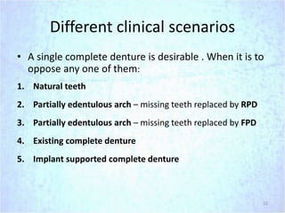 Different clinical scenarios
• A single complete denture is desirable . When it is to
oppose any one of them:
1. Natural teeth
2. Partially edentulous arch – missing teeth replaced by RPD
3. Partially edentulous arch – missing teeth replaced by FPD
4. Existing complete denture
5. Implant supported complete denture
22
 