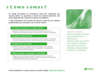 ¿ C ómo s omos ?
En Single Consulting no concebimos nada más importante que
nuestro cliente. Le ayudamos a tomar las mejores decisiones con
total independencia y hacemos nuestros sus objetivos.
Y sólo entendemos una manera de hacerlo: contar con los mejores
profesionales que compartan unos mismos valores.




                                                                          Nuestros valores:
                                                                          Porque nuestros valores
                                                                          son nuestro factor
                                                                          diferencial.
                                                                          Nuestro éxito es el éxito
                                                                          de nuestros clientes y
                                                                          abordamos nuestro
                                                                          trabajo anteponiendo
                                                                          siempre sus intereses.




Cómo trasladamos nuestros valores a nuestro trabajo. Nuestros Proyectos
 