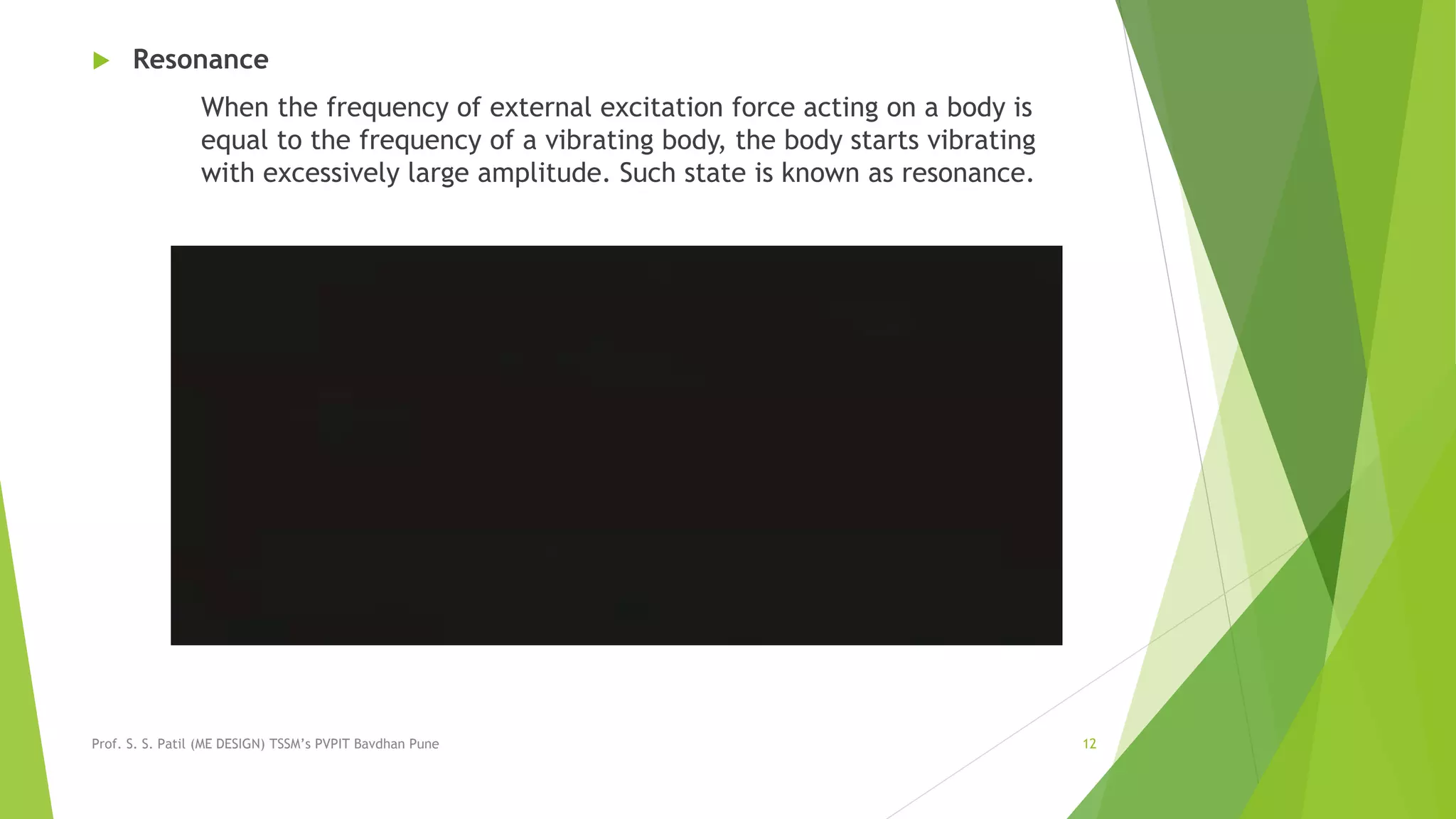  Resonance
When the frequency of external excitation force acting on a body is
equal to the frequency of a vibrating body, the body starts vibrating
with excessively large amplitude. Such state is known as resonance.
Prof. S. S. Patil (ME DESIGN) TSSM’s PVPIT Bavdhan Pune 12
 