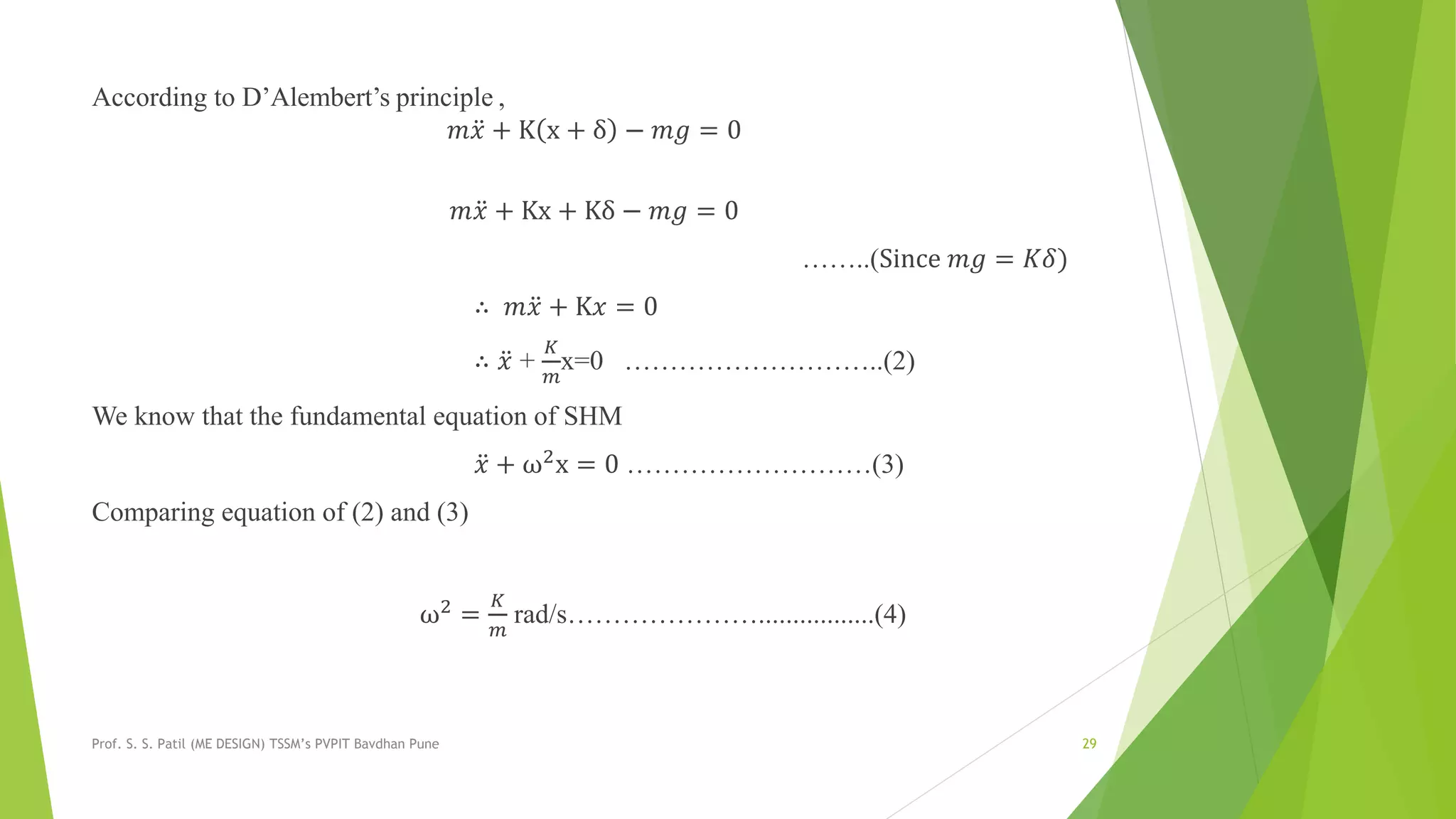 According to D’Alembert’s principle ,
𝑚 𝑥 + K x + δ − 𝑚𝑔 = 0
𝑚 𝑥 + Kx + Kδ − 𝑚𝑔 = 0
……..(Since 𝑚𝑔 = 𝐾𝛿)
∴ 𝑚 𝑥 + K𝑥 = 0
∴ 𝑥 +
𝐾
𝑚
x=0 ………………………..(2)
We know that the fundamental equation of SHM
𝑥 + ω2
x = 0 ………………………(3)
Comparing equation of (2) and (3)
ω2
=
𝐾
𝑚
rad/s………………….................(4)
Prof. S. S. Patil (ME DESIGN) TSSM’s PVPIT Bavdhan Pune 29
 