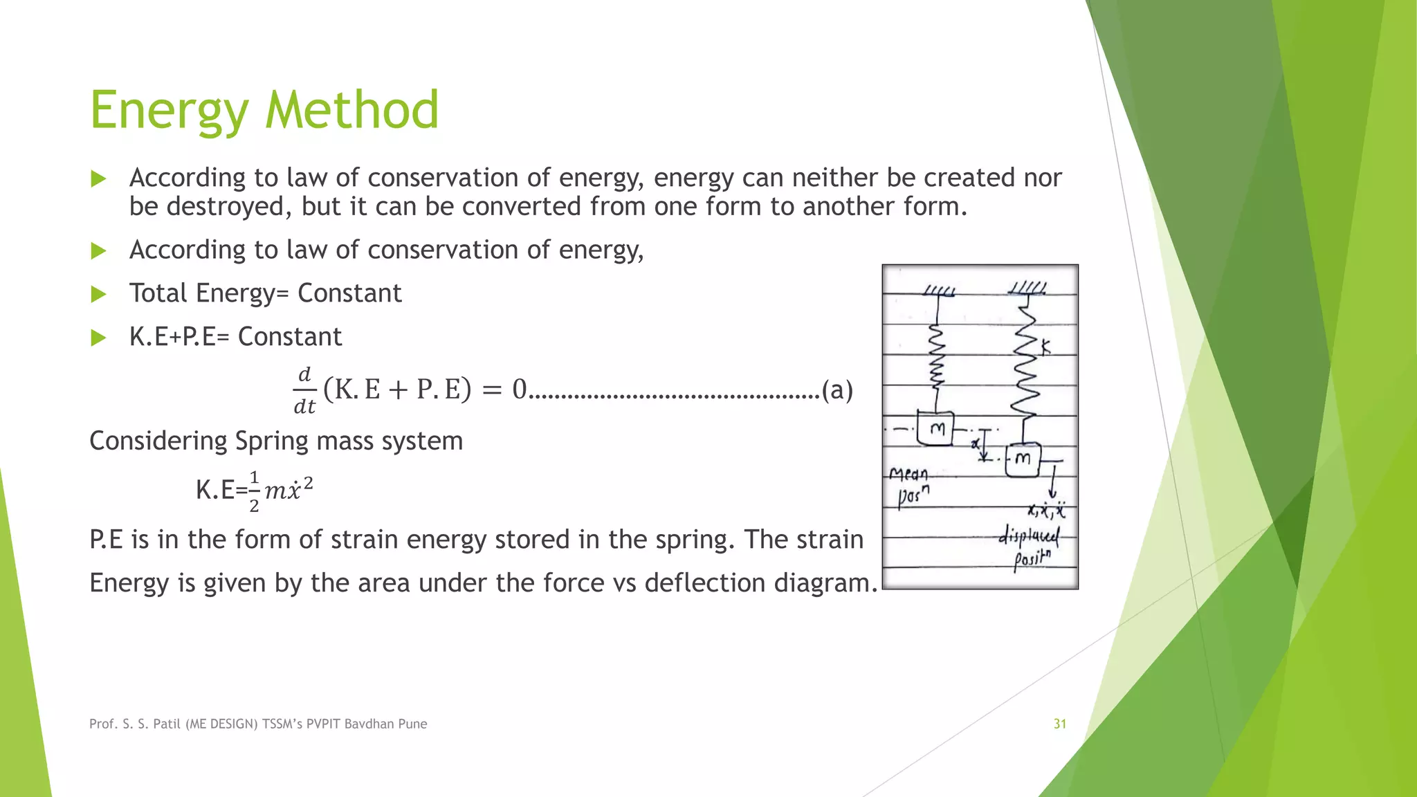 Energy Method
 According to law of conservation of energy, energy can neither be created nor
be destroyed, but it can be converted from one form to another form.
 According to law of conservation of energy,
 Total Energy= Constant
 K.E+P.E= Constant
𝑑
𝑑𝑡
K. E + P. E = 0………………………………………(a)
Considering Spring mass system
K.E=
1
2
𝑚 𝑥2
P.E is in the form of strain energy stored in the spring. The strain
Energy is given by the area under the force vs deflection diagram.
Prof. S. S. Patil (ME DESIGN) TSSM’s PVPIT Bavdhan Pune 31
 