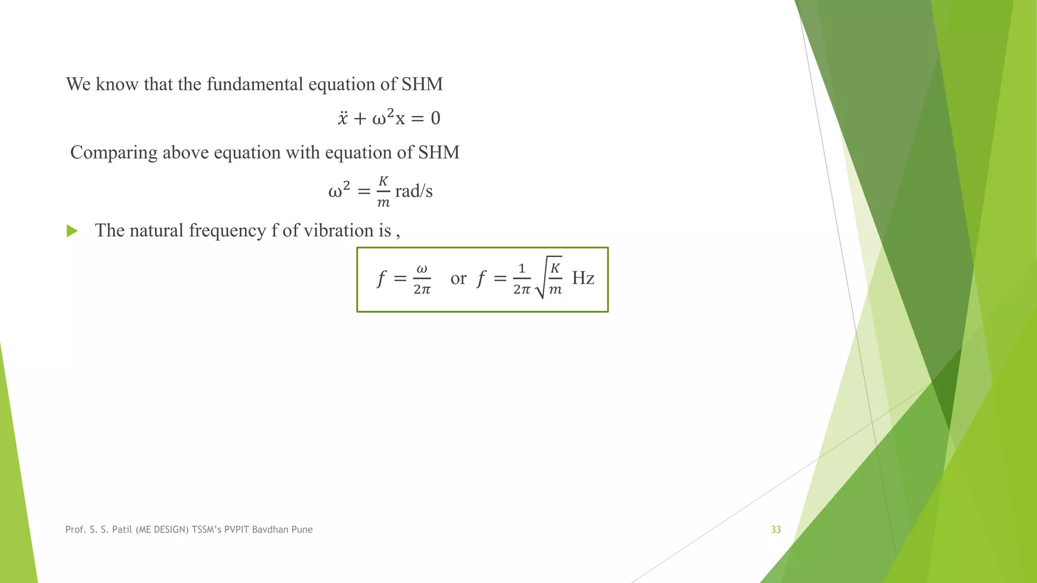 We know that the fundamental equation of SHM
𝑥 + ω2
x = 0
Comparing above equation with equation of SHM
ω2 =
𝐾
𝑚
rad/s
 The natural frequency f of vibration is ,
𝑓 =
𝜔
2𝜋
or 𝑓 =
1
2𝜋
𝐾
𝑚
Hz
Prof. S. S. Patil (ME DESIGN) TSSM’s PVPIT Bavdhan Pune 33
 