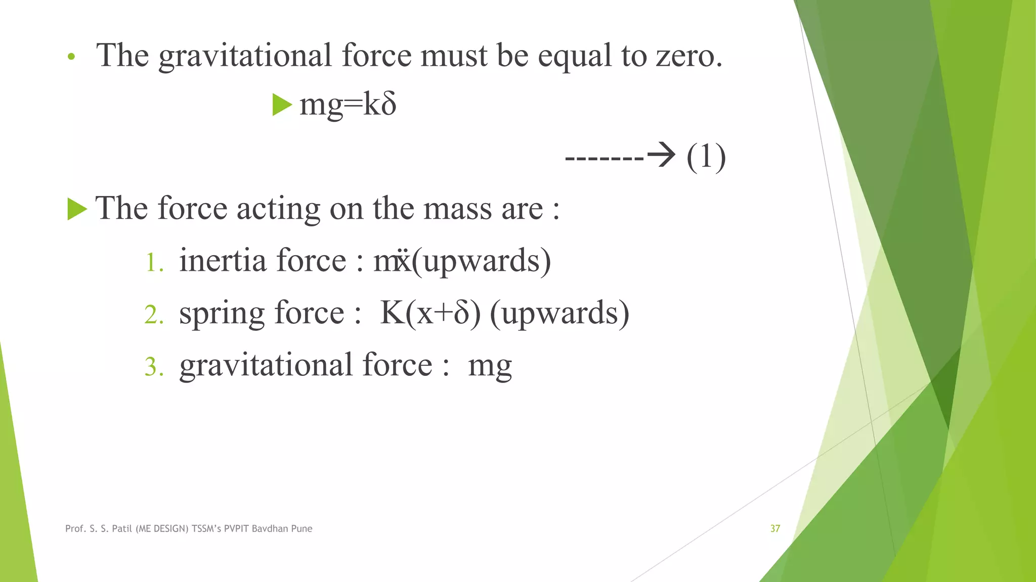 • The gravitational force must be equal to zero.
 mg=kδ
------- (1)
 The force acting on the mass are :
1. inertia force : mẍ(upwards)
2. spring force : K(x+δ) (upwards)
3. gravitational force : mg
Prof. S. S. Patil (ME DESIGN) TSSM’s PVPIT Bavdhan Pune 37
 