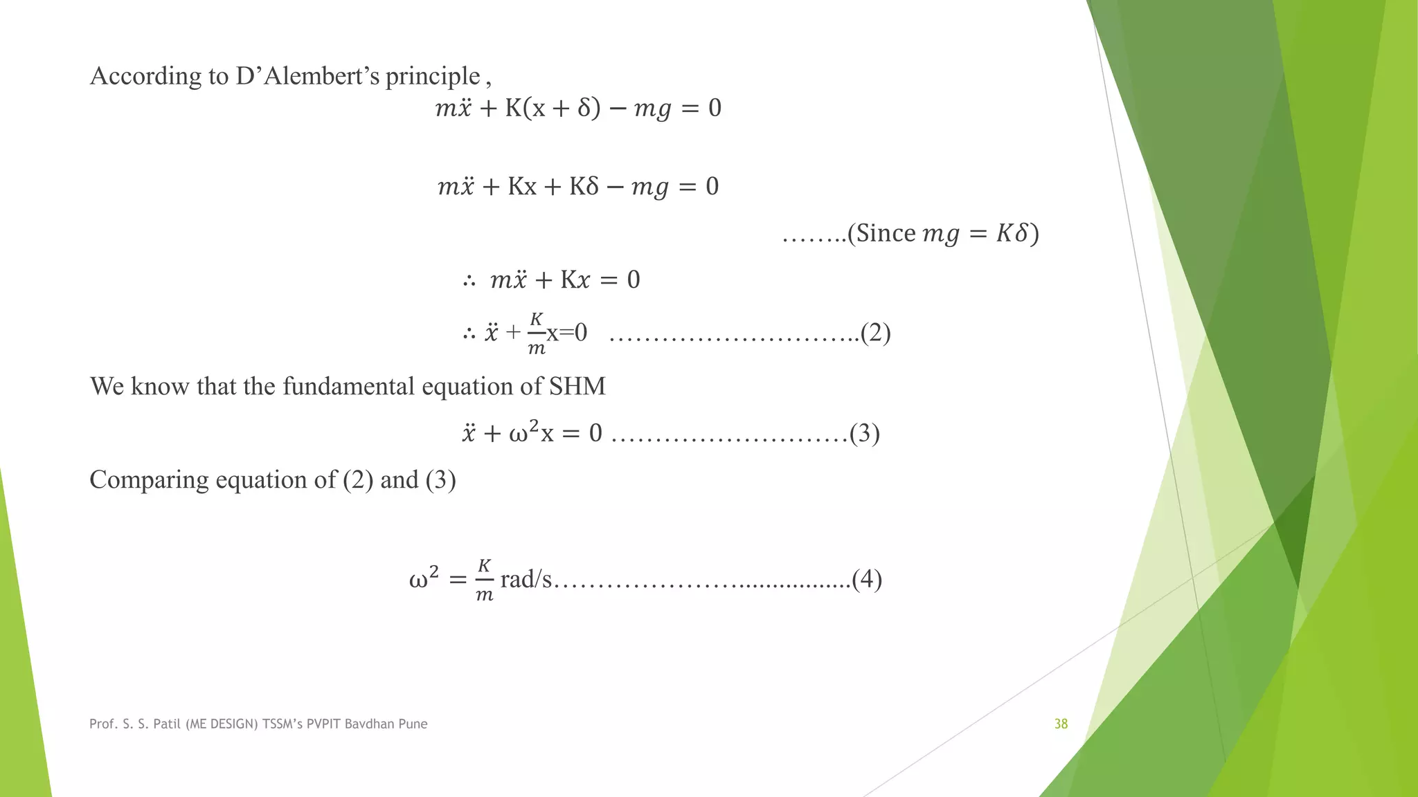 According to D’Alembert’s principle ,
𝑚 𝑥 + K x + δ − 𝑚𝑔 = 0
𝑚 𝑥 + Kx + Kδ − 𝑚𝑔 = 0
……..(Since 𝑚𝑔 = 𝐾𝛿)
∴ 𝑚 𝑥 + K𝑥 = 0
∴ 𝑥 +
𝐾
𝑚
x=0 ………………………..(2)
We know that the fundamental equation of SHM
𝑥 + ω2
x = 0 ………………………(3)
Comparing equation of (2) and (3)
ω2
=
𝐾
𝑚
rad/s………………….................(4)
Prof. S. S. Patil (ME DESIGN) TSSM’s PVPIT Bavdhan Pune 38
 