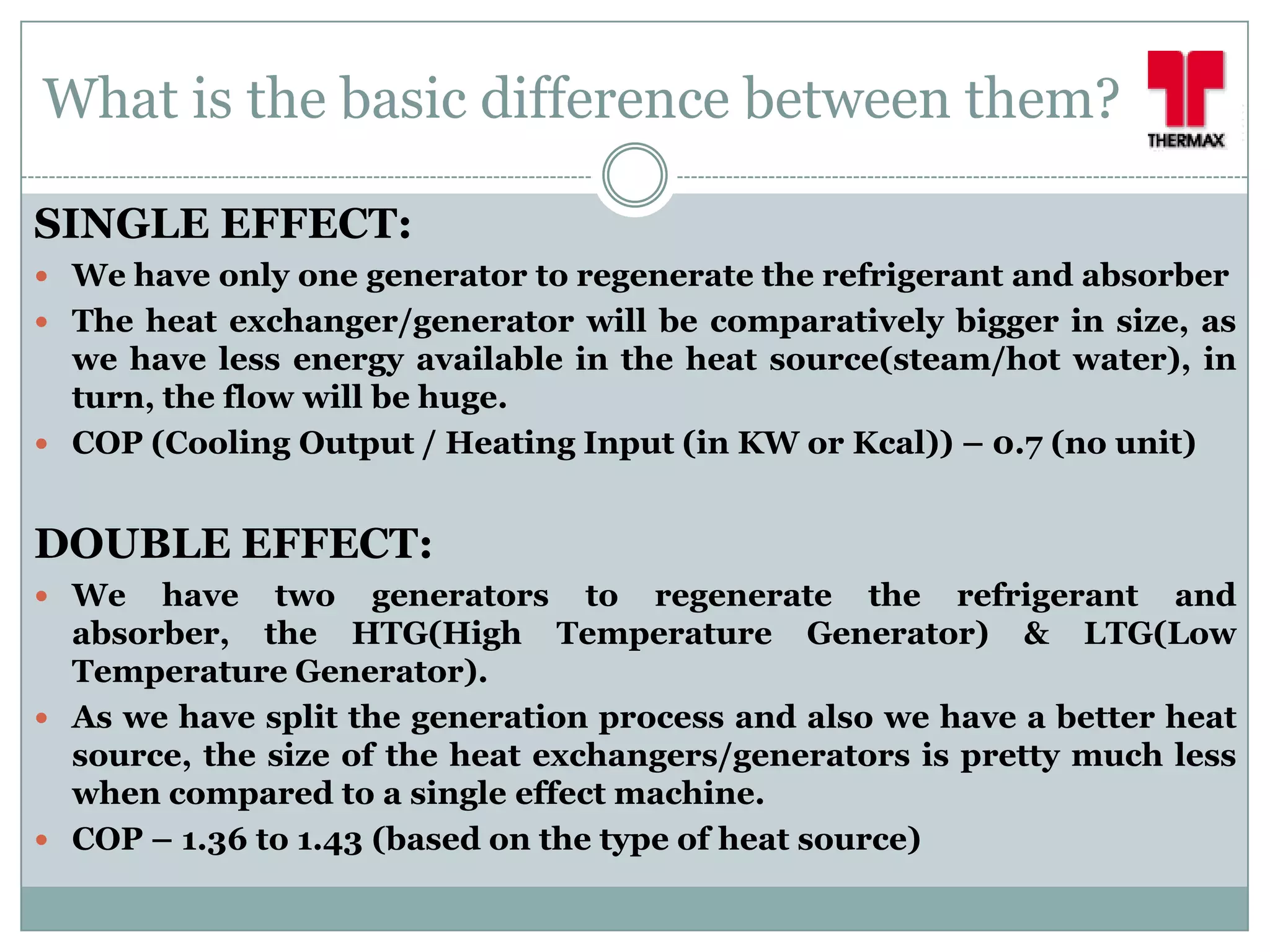 What is the basic difference between them?

SINGLE EFFECT:
 We have only one generator to regenerate the refrigerant and absorber
 The heat exchanger/generator will be comparatively bigger in size, as
  we have less energy available in the heat source(steam/hot water), in
  turn, the flow will be huge.
 COP (Cooling Output / Heating Input (in KW or Kcal)) – 0.7 (no unit)


DOUBLE EFFECT:
 We   have two generators to regenerate the refrigerant and
  absorber, the HTG(High Temperature Generator) & LTG(Low
  Temperature Generator).
 As we have split the generation process and also we have a better heat
  source, the size of the heat exchangers/generators is pretty much less
  when compared to a single effect machine.
 COP – 1.36 to 1.43 (based on the type of heat source)
 