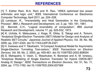REFERENCES
73
[1] T. Esther Rani, M.A. Rani and R. Rao, “AREA optimized low power
arithmetic and logic unit,” IEEE International Conference on Electronics
Computer Technology, April 2011, pp. 224–228.
[2] Landauer. R., “Irreversibility and Heat Generation in the Computing
Process”, IBM J. Research and Development, vol. 3, pp. 183- 191, 1961.
[3] Bennett. C.H., “Logical reversibility of computation”, IBM Journal
Research and Development, volume 17, pp. 525-532, 1973.
[4] K. Uchida, K. Matsuzawa, J. Koga, R. Ohba, S. Takagi and A. Toriumi,
“Analytical Single-Electron Transistor (SET) Model for Design and Analysis of
Realistic SET Circuits,” Japanese Journal of Applied Physics, Vol. 39, No. 4B,
2000, pp. 2321-2324. doi:10.1143/JJAP.39.2321
[5] H. Inokawa and Y. Takahashi, “A Compact Analytical Model for Asymmetric
Single-Electron Tunneling Tran-sistors,” IEEE Transactions on Electron
Devices, Vol. 50, No. 2, 2003, pp. 455-461. doi:10.1109/TED.2002.808554
[6] S. Mahapatra, V. Vaish, C. Wasshuber, K. Banerjee and A. M. Ionescu,
“Analytical Modeling of Single Electron Transistor for Hybrid CMOS-SET
Analog IC Design,” IEEE Transactions on Electron Devices, Vol. 51, No. 11,
2004, pp. 1772-1782. doi:10.1109/TED.2004.837369
 