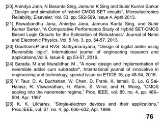 [20] Anindya Jana, N Basanta Sing, Jamuna K Sing and Subir Kumar Sarkar
,“Design and simulation of hybrid CMOS SET circuits”, Microelectronics
Reliability, Elseveier, Vol. 53, pp. 592-599, Issue 4, April 2013.
[21] Biswabandhu Jana, Anindya Jana, Jamuna Kanta Sing, and Subir
Kumar Sarkar, “A Comparative Performance Study of Hybrid SET-CMOS
Based Logic Circuits for the Estimation of Robustness” Journal of Nano
and Electronic Physics, Vol. 5 No. 3, pp. 54-57, 2013.
[23] Gouthami.P and RVS. Sathyanarayana, "Design of digital adder using
Reversible logic", International journal of engineering research and
applications,Vol 6, Issue 6, pp 53-57, 2016.
[24] Sarada. M and Muralidhar. M , "A novel design and implementation of
reversible adder cum subtractor", International journal of innovative in
engineering and technology, special issue on ETICE 16, pp 48-54, 2016.
[25] Y. Taur, D. A. Buchanan, W. Chen, D. Frank, K. Ismail, S. Lo, G.Sai-
Halasz, R. Viswanathan, H. Wann, S. Wind, and H. Wong, “CMOS
scaling into the nanometer regime,” Proc. IEEE, vol. 85, no. 4, pp. 486–
504, Apr. 1997
[26] K. K. Likharev, “Single-electron devices and their applications,”
Proc.IEEE, vol. 87, no. 4, pp. 606–632, Apr. 1999.
76
 