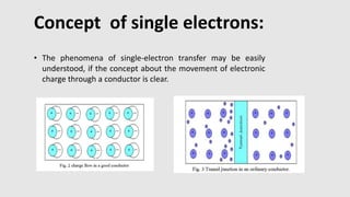• The phenomena of single-electron transfer may be easily
understood, if the concept about the movement of electronic
charge through a conductor is clear.
Concept of single electrons:
 