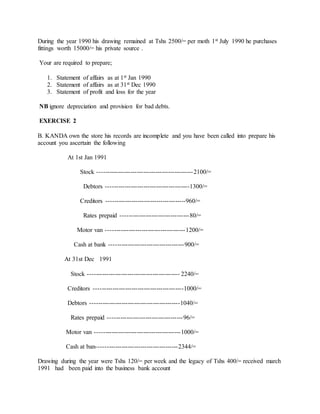 During the year 1990 his drawing remained at Tshs 2500/= per moth 1st July 1990 he purchases
fittings worth 15000/= his private source .
Your are required to prepare;
1. Statement of affairs as at 1st Jan 1990
2. Statement of affairs as at 31st Dec 1990
3. Statement of profit and loss for the year
NB ignore depreciation and provision for bad debts.
EXERCISE 2
B. KANDA own the store his records are incomplete and you have been called into prepare his
account you ascertain the following
At 1st Jan 1991
Stock ----------------------------------------------2100/=
Debtors ----------------------------------------1300/=
Creditors --------------------------------------960/=
Rates prepaid ---------------------------------80/=
Motor van --------------------------------------1200/=
Cash at bank ------------------------------------900/=
At 31st Dec 1991
Stock -------------------------------------------- 2240/=
Creditors -------------------------------------------1000/=
Debtors -------------------------------------------1040/=
Rates prepaid ------------------------------------96/=
Motor van -----------------------------------------1000/=
Cash at ban---------------------------------------2344/=
Drawing during the year were Tshs 120/= per week and the legacy of Tshs 400/= received march
1991 had been paid into the business bank account
 