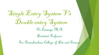 Single Entry System Vs
Double entry System
Dr.Lavanya M.R
Assistant Professor
Sri Ramakrishna College of Arts and Science
 