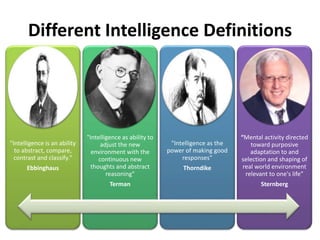 Different Intelligence Definitions
"Intelligence is an ability
to abstract, compare,
contrast and classify."
Ebbinghaus
"Intelligence as ability to
adjust the new
environment with the
continuous new
thoughts and abstract
reasoning"
Terman
"Intelligence as the
power of making good
responses"
Thorndike
“Mental activity directed
toward purposive
adaptation to and
selection and shaping of
real world environment
relevant to one's life”
Sternberg
 
